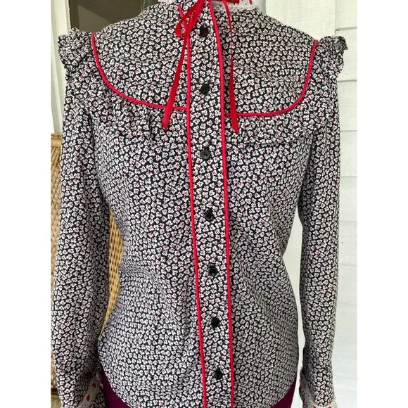 Vintage 1970s Floral Cotton Ruffle Western Shirt Black Red Size Small - Picture 4 of 11